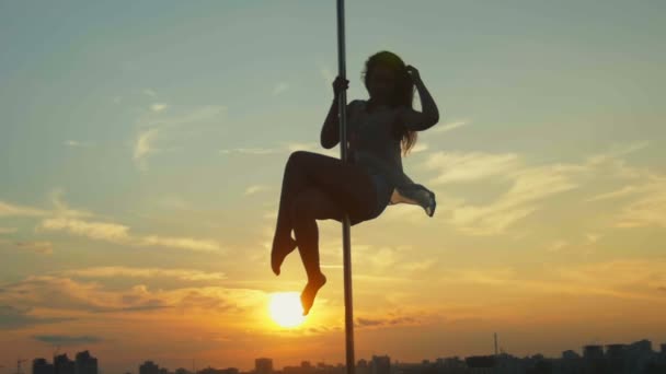 Sexy atraente menina poledancer executa avançado pole dance truques no por do sol no portátil dança fase sobre o horizonte — Vídeo de Stock