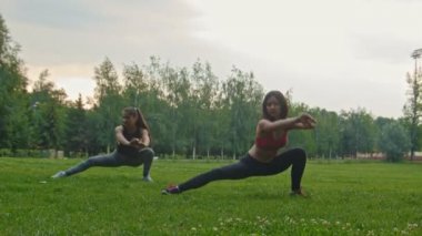 Ağız kavgası - park, dolly atış egzersiz esnek yapıyor kadınlar genç spor