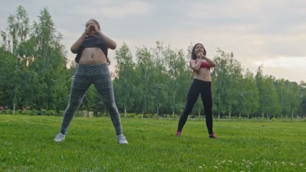 Молодые спортсменки делают гибкие упражнения для талии в парке, стреляют в куклу — стоковое видео