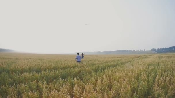 Coppia giovane - uomo e donna che corrono con aquilone su prato di grano di spighe. vista posteriore — Video Stock