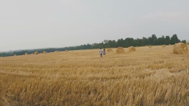 Hermosa pareja joven en el amor ir a dar un paseo romántico en el prado con pajar — Vídeos de Stock
