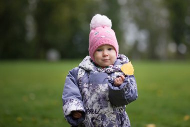 Çocuk - parkta yürüyen düşmüş yaprak ile küçük kız: bebek çayırda ayakta, yakın
