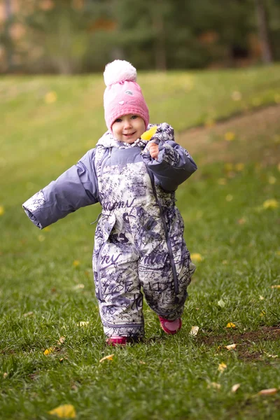 子供 - 公園で歩く小さな女の子:草原で走っている赤ちゃん、クローズアップ — ストック写真