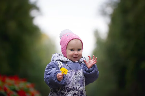 Retrato de niño - niña con hojas caídas caminando en el parque de otoño: bebé de pie en el callejón, mantener las hojas en las manos, saludando — Foto de Stock