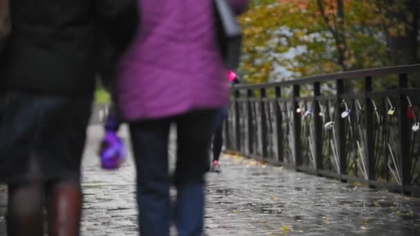 Jeune femme coureuse qui court dans un parc d'automne faisant de l'exercice à l'extérieur sous la pluie, costume d'entraînement rose, ralenti, à côté des passants — Video