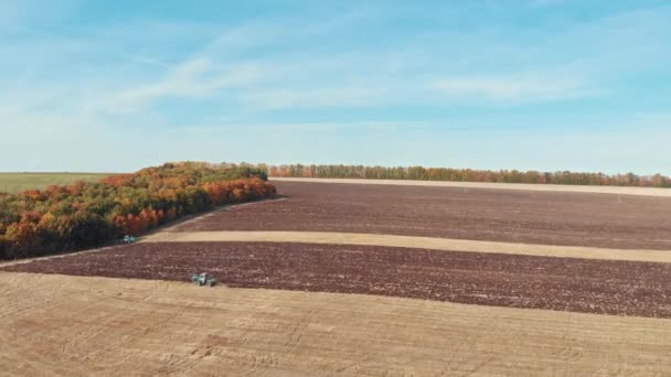 Syksyn maisema - traktori kyntää pellon — kuvapankkivideo