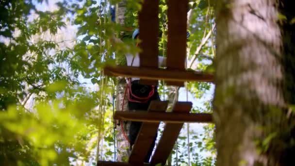 Una mujer camina cuidadosamente sobre las tablas de madera suspendidas en el aire entre los árboles en el bosque — Vídeos de Stock