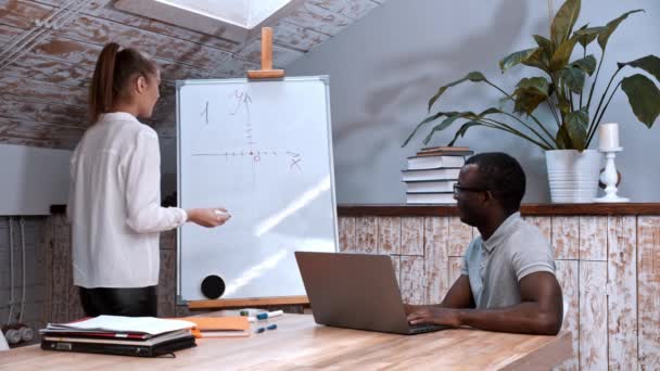 Una lección de álgebra - mujer dibujando gráficos de funciones en el tablero y un hombre negro sentado junto a la mesa — Vídeos de Stock