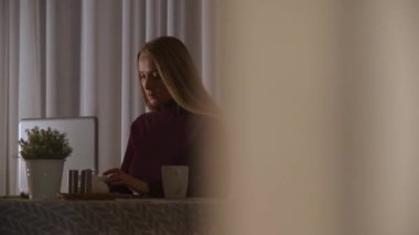 Evde dizüstü bilgisayarıyla çalışan sarışın bir iş kadını.