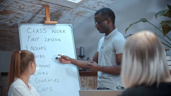 Lección de inglés en la clase con un profesor afroamericano - dos mujeres mirando el tablero con temas de la lección — Foto de Stock