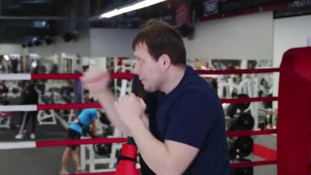 권투 코치는 여자 트레이너에게 펀치 기술을 보여 주고 있습니다 — 비디오