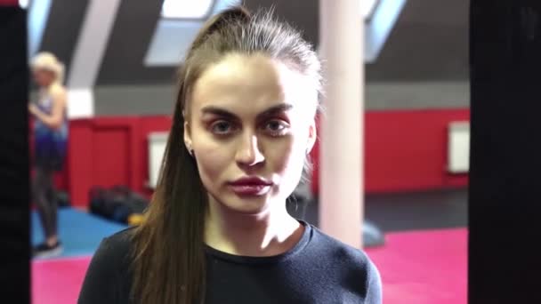 Una joven mujer guapa entrena sus golpes en el saco de boxeo — Vídeos de Stock