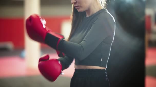 Bokstraining - een aantrekkelijke jonge vrouw trekt de bokshandschoenen aan — Stockvideo