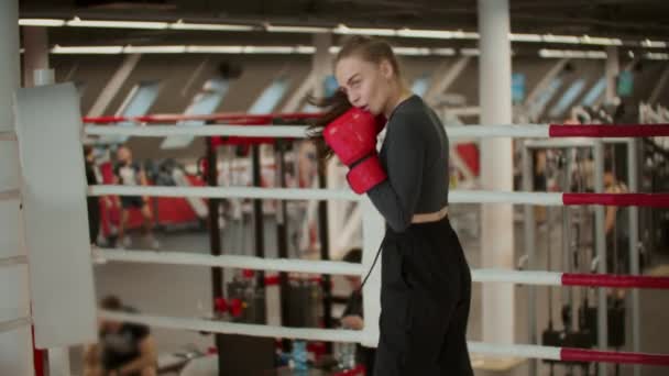 En attraktiv ung kvinna med långt hår tränar sin boxning punch — Stockvideo