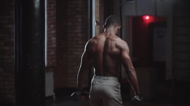 Um homem bonito preto bombeando seus músculos mãos com halteres no ginásio vista de suas costas — Vídeo de Stock
