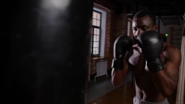 Afro-americano atlético jovem boxeador treinamento soco no saco de perfuração com um esforço no ginásio — Vídeo de Stock