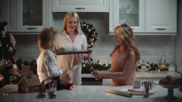 Noël en famille - maman et ses enfants font des biscuits - les enfants jouent puis prennent les biscuits de la plaque à pâtisserie — Video