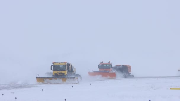10-02-2021 KAZAN, RUSSIA: Inverno nevoso - tre grandi camion che rimuovono la neve dal sentiero — Video Stock