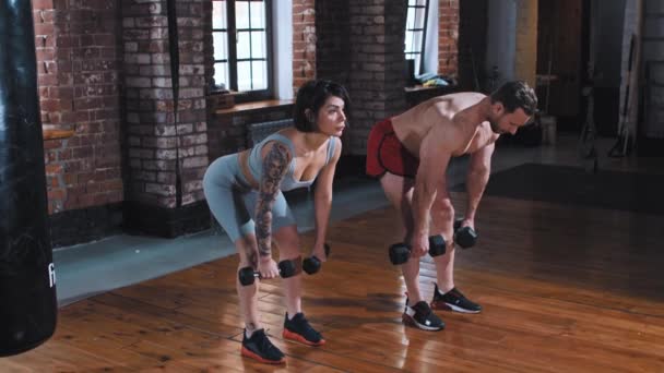 Attractive adult couple training in the gym - man and tattooed woman training their hands with dumbbells - leaning down to their toes — Stock Video