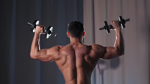 Hombre atlético sin camisa entrenando los músculos de sus manos con las mancuernas - vista desde la espalda — Vídeo de stock