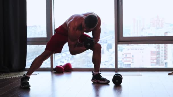 Sportoktatás panoráma ablakos stúdióban - félmeztelen, izmos férfi, aki súlyzóval pumpálja a bicepszét — Stock videók