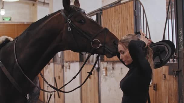 Seorang wanita berkuda meletakkan rambutnya di ekor kuda berdiri di dekat kudanya — Stok Video