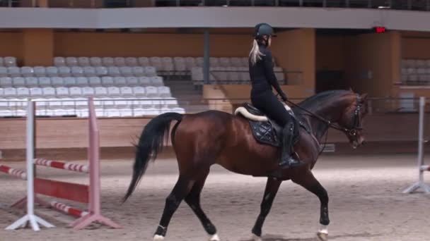 Ιππέας - μια γυναίκα με μαύρα ρούχα ιππεύει ένα άλογο στον ιππόδρομο — Αρχείο Βίντεο