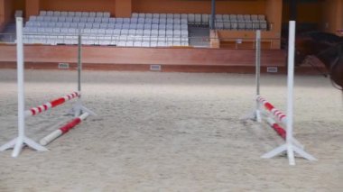 Equestrian sports - a woman in black clothes jumping over the barriers on the horseback