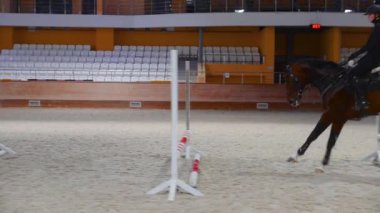 Equestrian sports on empty arena - a woman jumping over the series of barriers on the horseback
