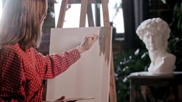 Eine junge Künstlerin trägt mit einem kleinen Pinsel Farben auf eine Leinwand auf — Stockvideo