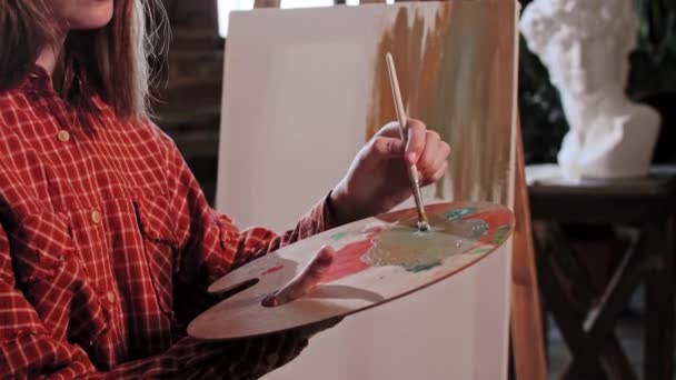 Een jonge vrouw kunstenaar het aanbrengen van basiskleuren op een doek met een kleine borstel — Stockvideo