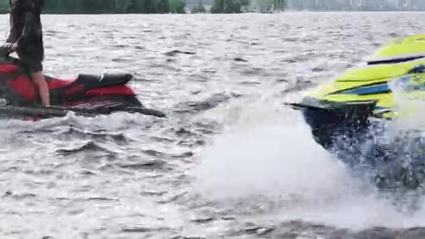 KAZAN, RUSSIA 21-05-21: two men and a little kid riding waverunners — Video Stock