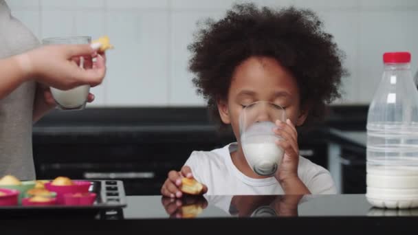 Svart blandad liten flicka äter muffins med mjölk — Stockvideo