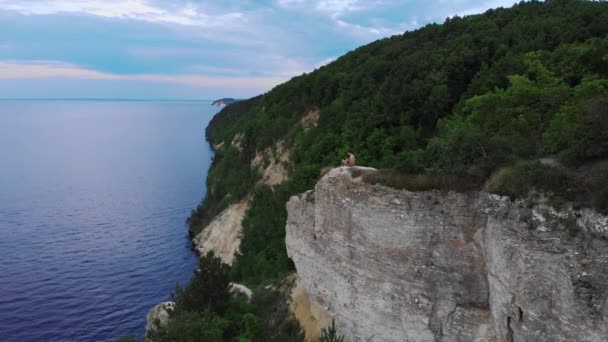 Молодой человек без рубашки играет на укулеле на скале вокруг леса и реки — стоковое видео