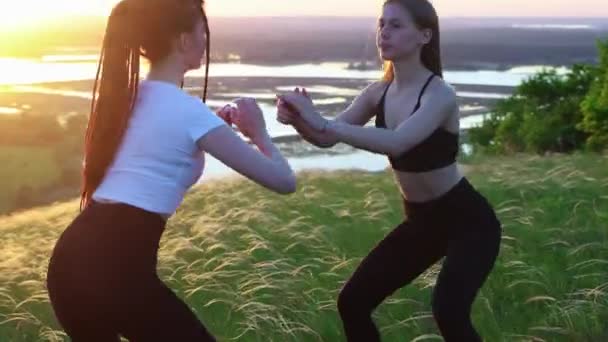 Две молодые женщины, занимающиеся на поле упражнениями на время раннего заката — стоковое видео