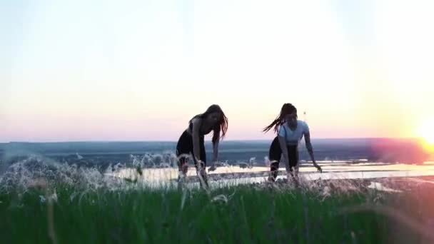 Duas jovens mulheres de pé em um campo verde e fazendo exercícios de aquecimento - curvando-se — Vídeo de Stock