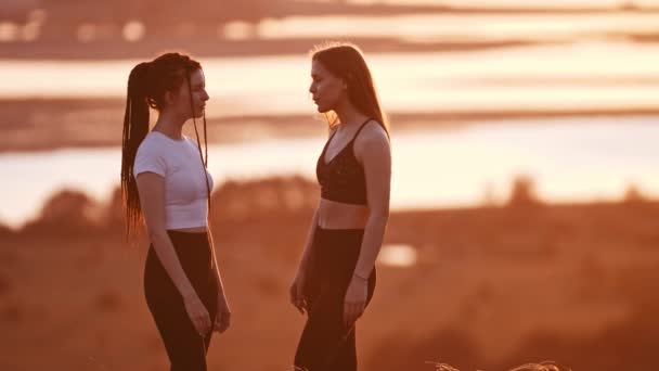 Две девушки разговаривают на фоне закатного поля — стоковое видео