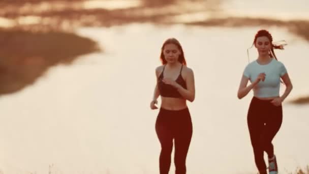 Две молодые женщины бегают по пшеничному полю во время заката — стоковое видео