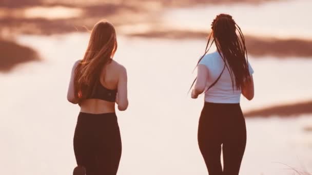 Dos jóvenes corriendo en el campo de trigo al atardecer — Vídeos de Stock