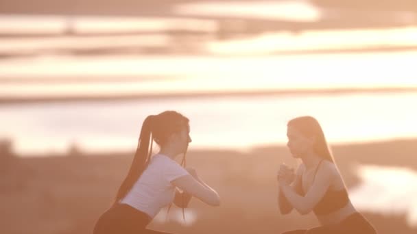 Dos mujeres jóvenes haciendo ejercicios en el campo de atardecer — Vídeo de stock