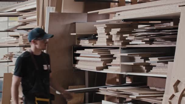 Mannen i en snickarverkstad tar en trädetalj från hyllan — Stockvideo