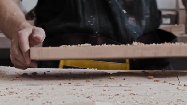 Travaux de menuiserie - travailleur secoue les copeaux de bois d'un détail — Video