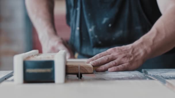 Trabajos de carpintería: el trabajador corta lentamente el largo detalle de madera en dos piezas individuales utilizando una sierra automática — Vídeos de Stock