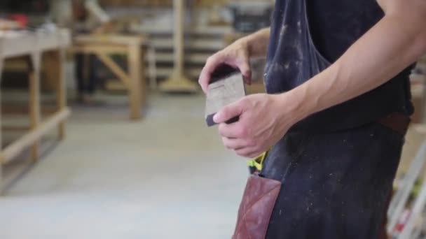 Taller de carpintería - trabajador del hombre cortando una plancha de madera con una gran sierra circular — Vídeos de Stock