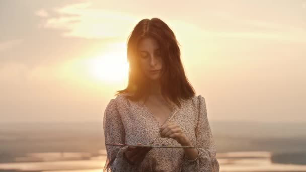 Młoda artystka stojąca o zachodzie słońca trzymająca paletę malarską — Wideo stockowe