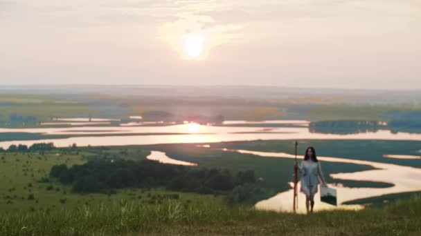 Una joven artista camina por el campo de atardecer sosteniendo un caballete y un lienzo — Vídeo de stock