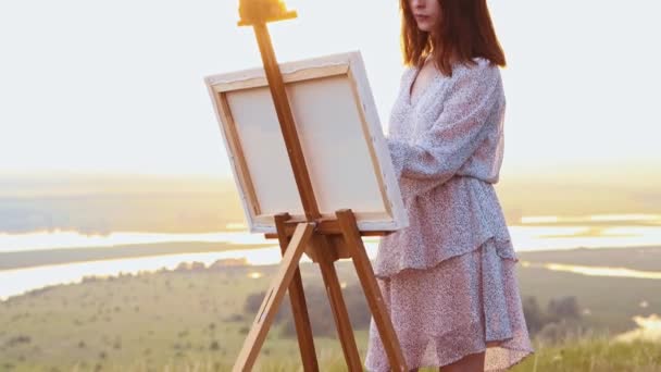 Pintura exterior - joven hermosa mujer dibujando una pintura al atardecer im el medio del campo — Vídeos de Stock
