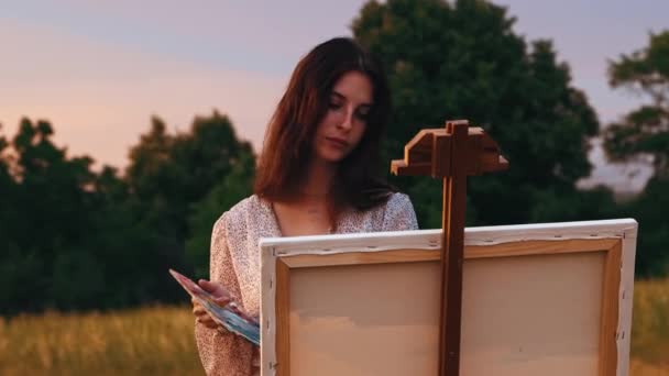 Живопись на улице - молодая концентрированная женщина с красивым лицом рисует картину на закате в середине поля — стоковое видео