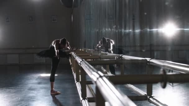 Молодая балерина тренируется в студии перед зеркалом — стоковое видео