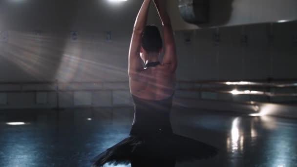 Профессиональная балерина в черной пачке танцует руками в зеркальной студии — стоковое видео